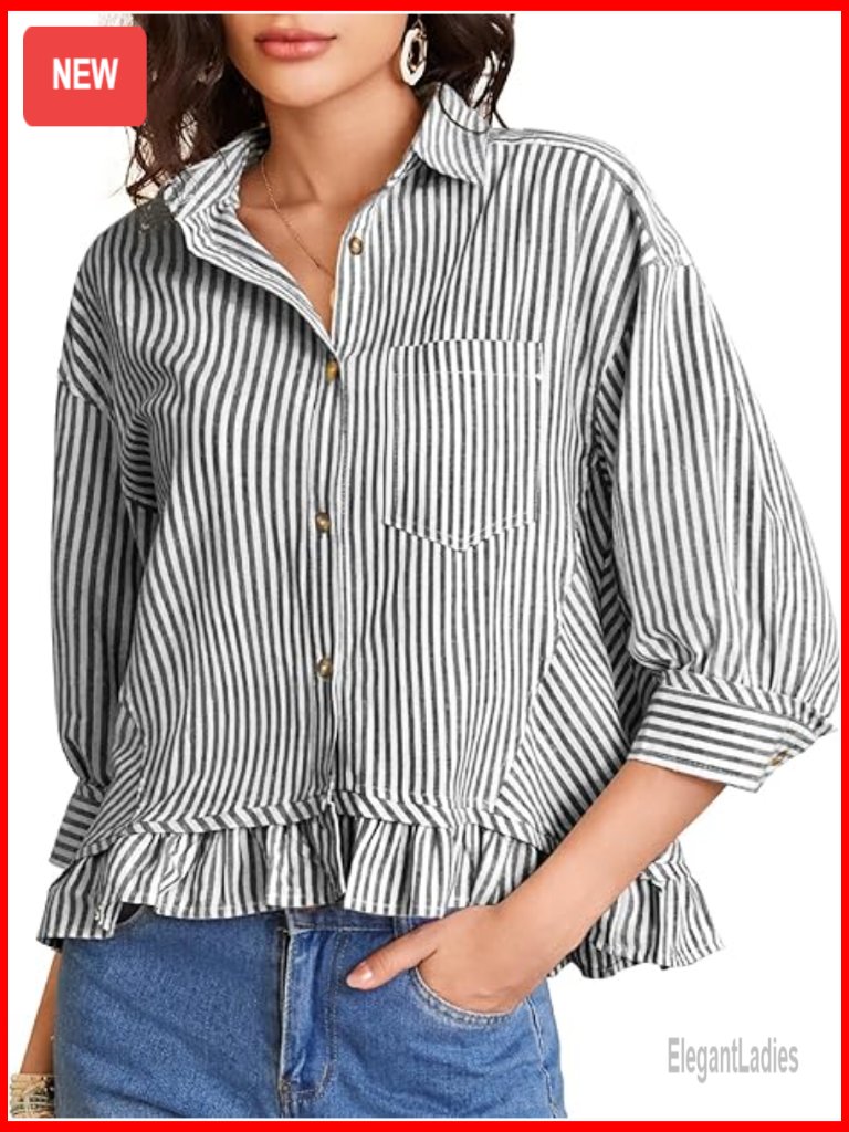Striped Button Down Crop Top 3/4 Sleeve Ruffle Hem Cotton Blouse